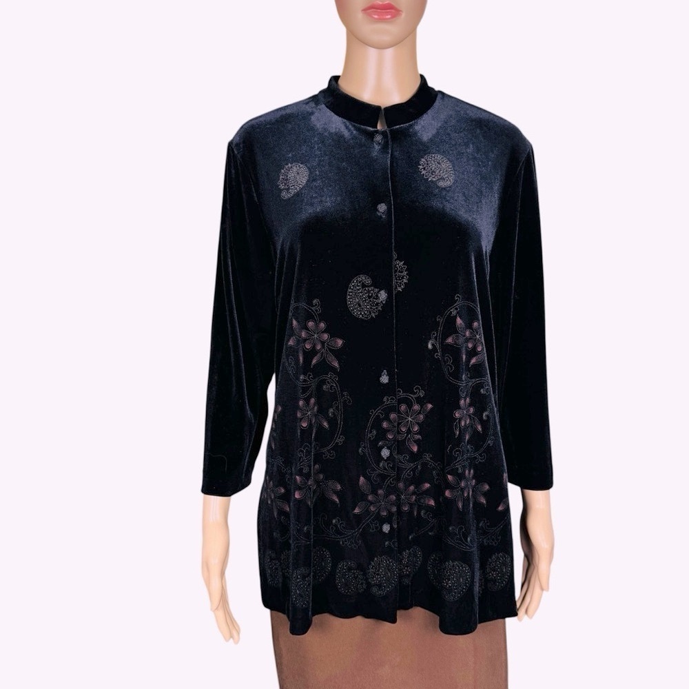 Vintage Studio Ease Velvet Long Sleeve Floral Print Black Shirt Size 12